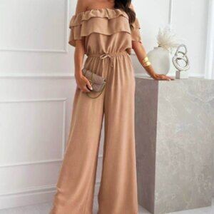 Off Shoulder Ruffle Wide Leg Jumpsuit – NWT – Camel